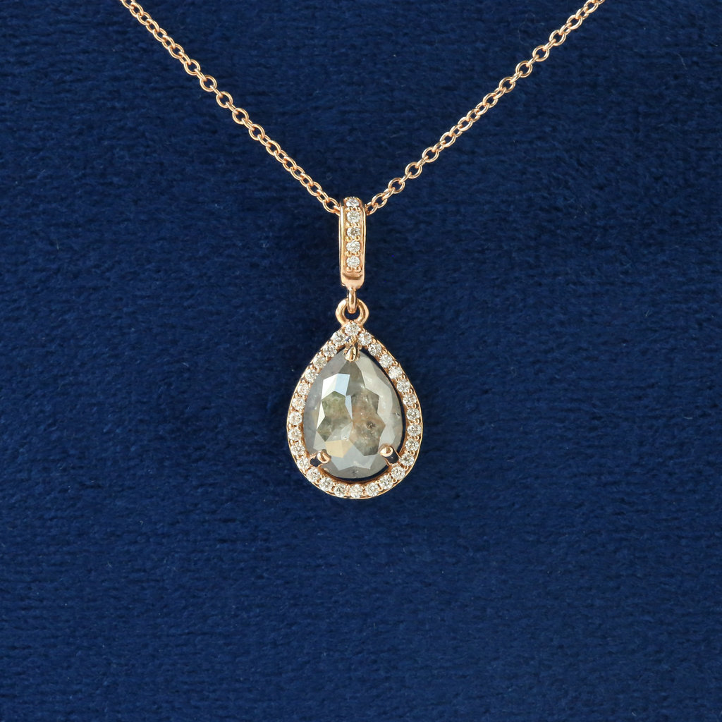 American Jewelry 14k Rose Gold 1.64ct Pear Salt & Pepper Diamond with .15ctw Diamond Halo Necklace