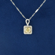 American Jewelry 18k White & Yellow Gold 1.51ct Natural Fancy Light Yellow VS1 GIA Cushion & .23ctw Diamond Halo Pendant