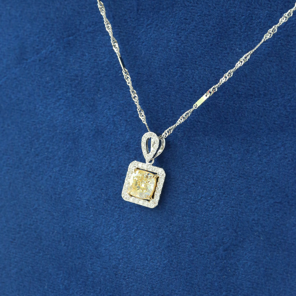 American Jewelry 18k White & Yellow Gold 1.51ct Natural Fancy Light Yellow VS1 GIA Cushion & .23ctw Diamond Halo Pendant