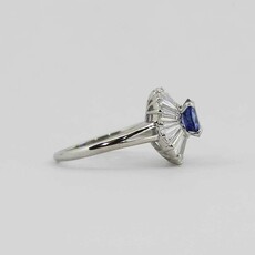 American Jewelry Platinum Oval Blue Sapphire & Baguette Diamond Ballerina Halo Ladies Ring (Size 6.5)