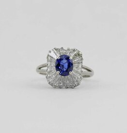 American Jewelry Platinum Oval Blue Sapphire & Baguette Diamond Ballerina Halo Ladies Ring (Size 6.5)