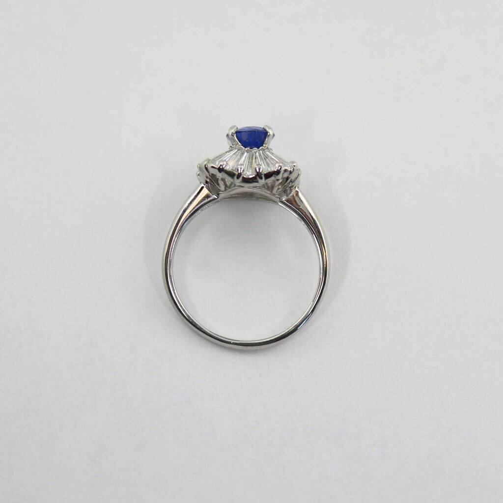 American Jewelry Platinum Oval Blue Sapphire & Baguette Diamond Ballerina Halo Ladies Ring (Size 6.5)