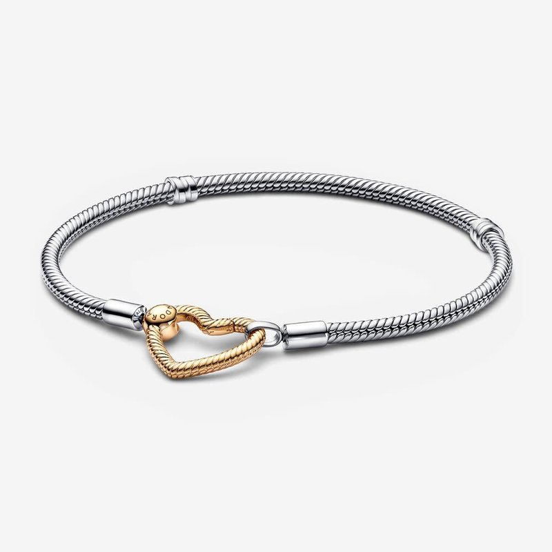 Pandora PANDORA Moments Bracelet, 14K Gold Plated & Sterling Silver Heart Closure Snake Chain, 18cm