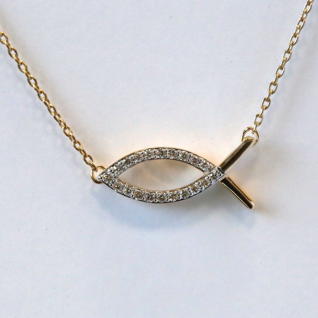 American Jewelry 14k Yellow Gold .10ctw Round Brilliant Diamond Christian Fish Necklace