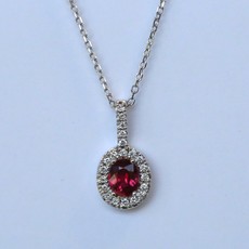 American Jewelry 14k White Gold .10ctw Round Brilliant Diamond & Oval Ruby Halo Necklace