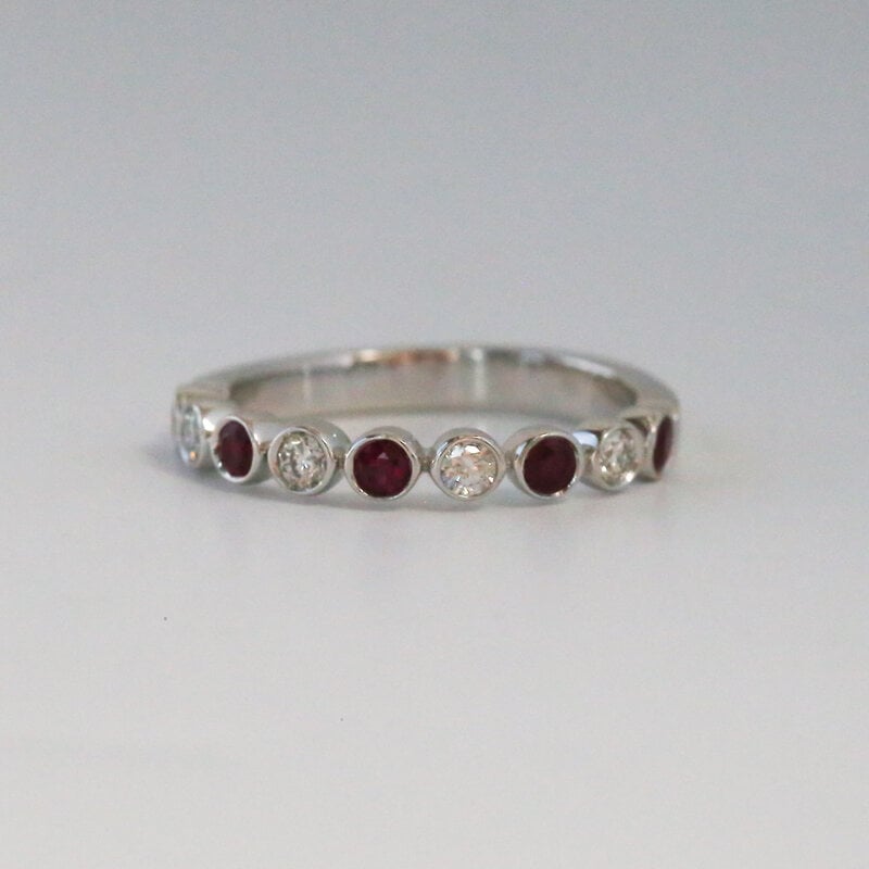 14k White Gold .22ctw Diamond and .36ctw Ruby Stackable Band (size 7)