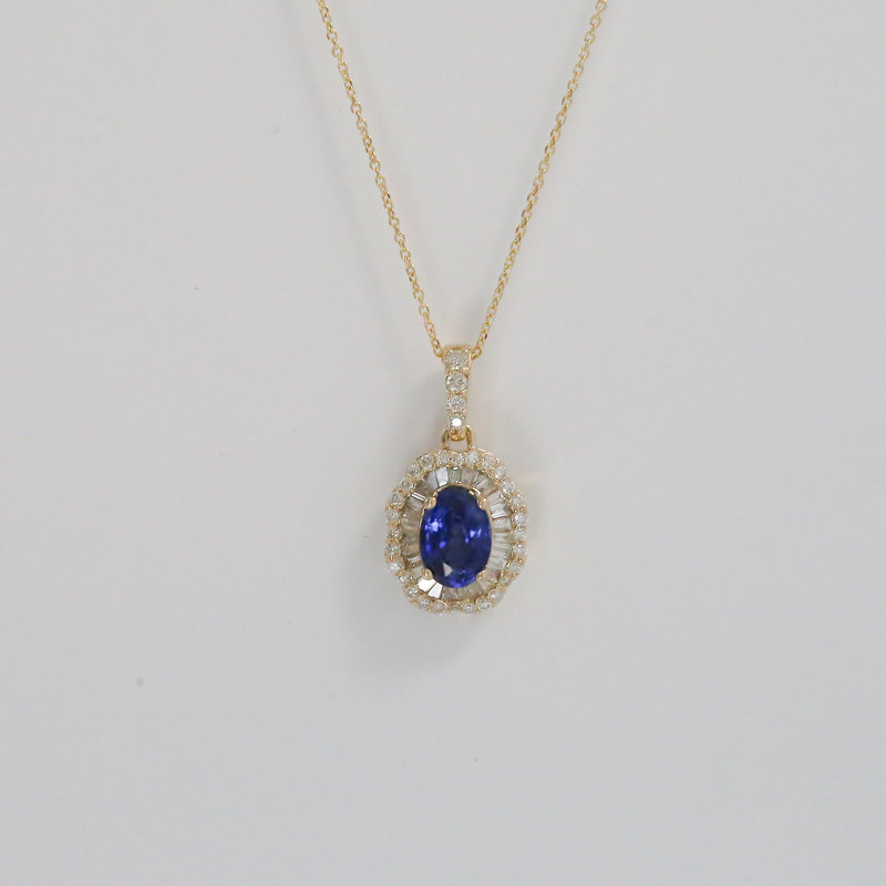 14k Yellow Gold .48ctw Diamond and 1.00ct Sapphire Halo Necklace 18"