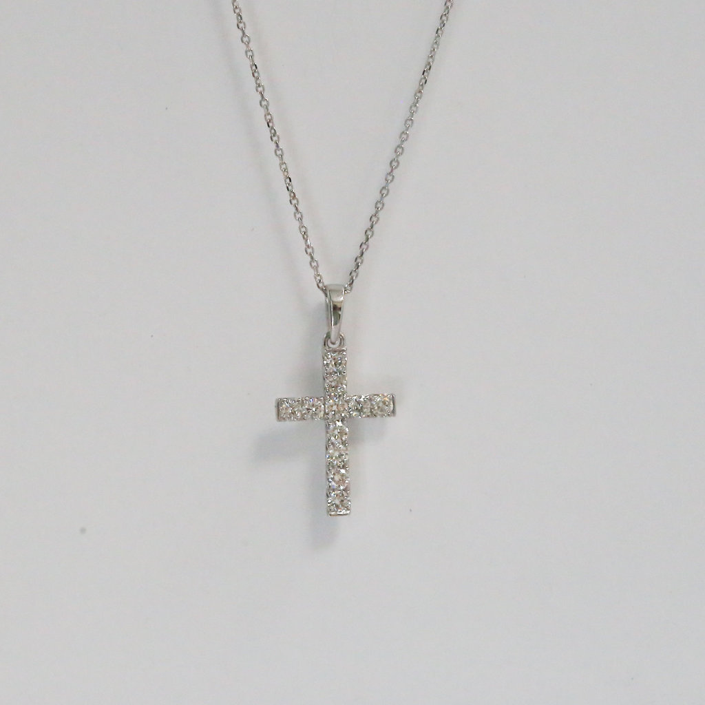 14k White Gold .32ctw Diamond Cross Necklace, 16-18" Adjustable Cable Chain