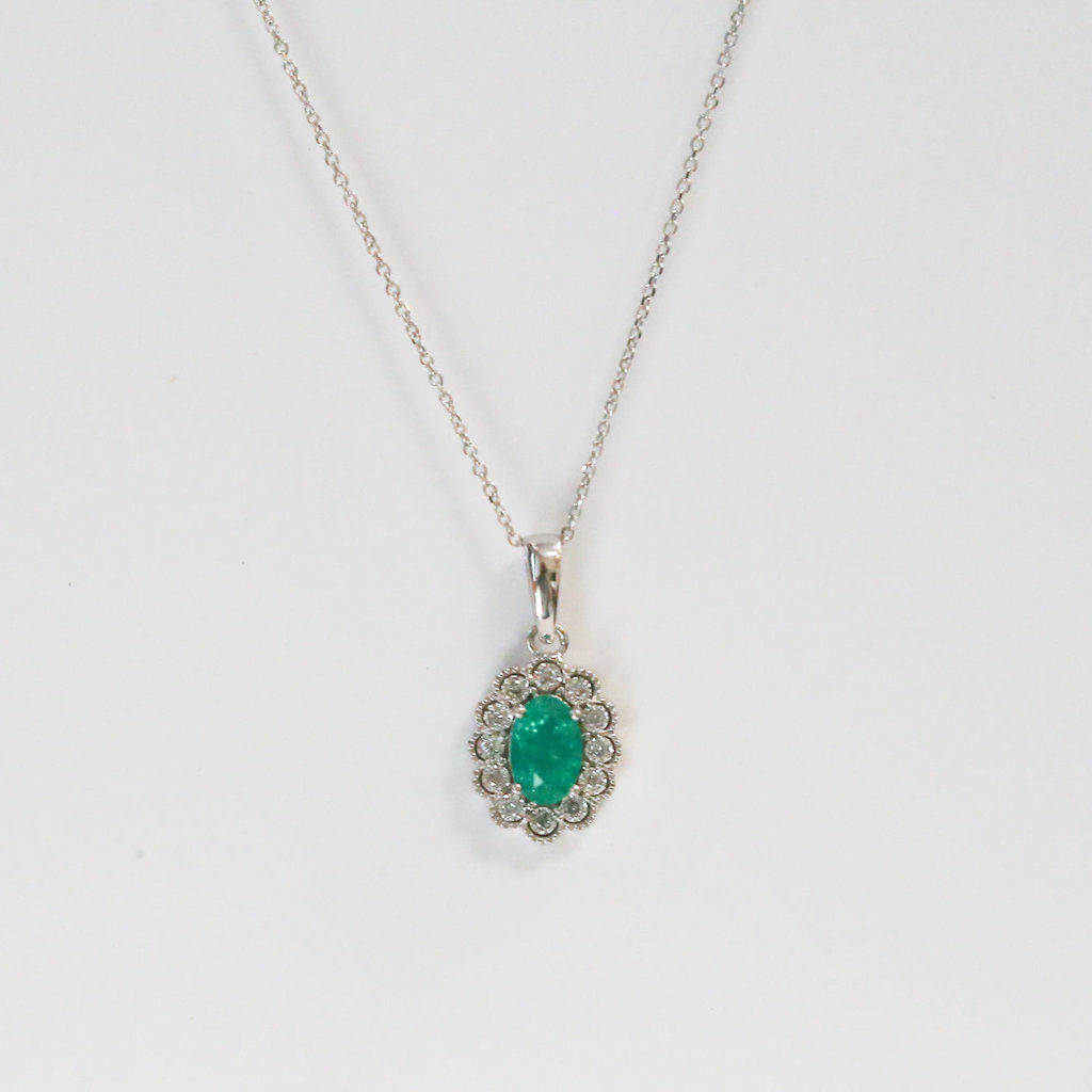 14k White Gold .08ctw Diamond and .42ct Emerald Halo Pendant 18"