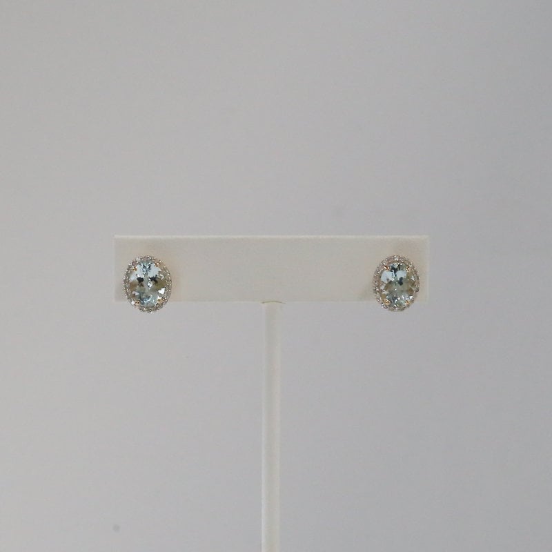 14k Yellow Gold .32ctw Diamond and 3.30ctw Aquamarine Halo Stud Earrings