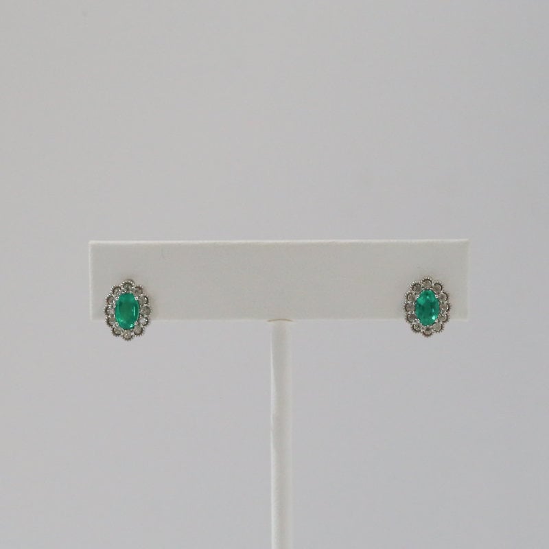 14k White Gold .14ctw Diamond and .84ctw Emerald Halo Stud Earrings