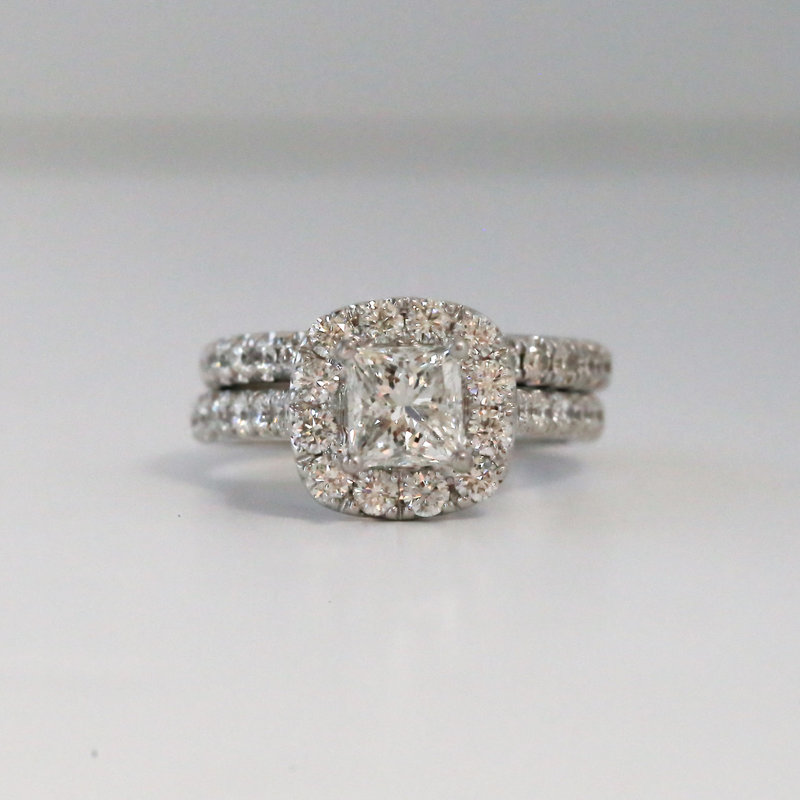 14k White Gold 2.25ctw (1.16ct G/SI Princess Cut Center) Diamond Halo Wedding Set (size 6.5)