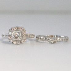 14k White Gold 2.25ctw (1.16ct G/SI Princess Cut Center) Diamond Halo Wedding Set (size 6.5)