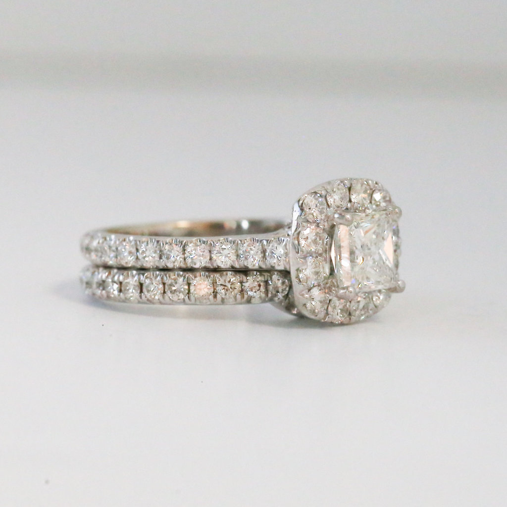 14k White Gold 2.25ctw (1.16ct G/SI Princess Cut Center) Diamond Halo Wedding Set (size 6.5)