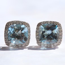 American Jewelry 14k White Gold 1/3ctw Round Brilliant Diamond & Cushion Cut Aquamarine Stud Earrings