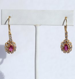 American Jewelry 14k Yellow Gold 1.05ctw Round Brilliant Diamond & Oval Ruby Halo Dangle Earrings