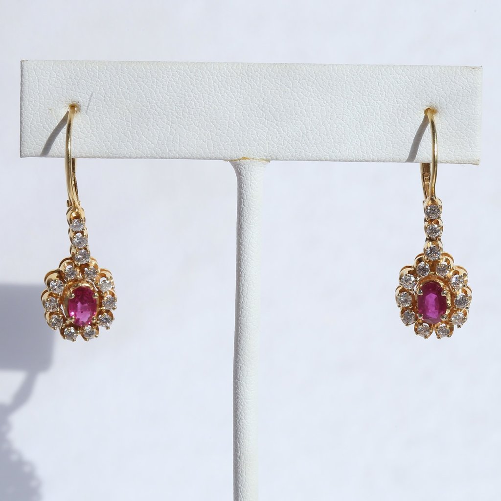 American Jewelry 14k Yellow Gold 1.05ctw Round Brilliant Diamond & Oval Ruby Halo Dangle Earrings