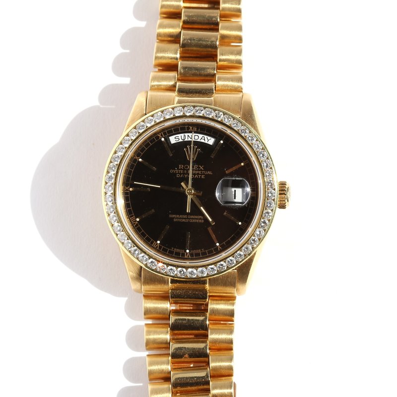 Rolex Rolex Preowned 18k Yellow Gold  Oyster Perpetual Day-Date Watch w/ Diamond Bezel & Black Dial