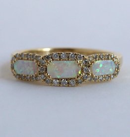 American Jewelry 10k Yellow Gold 1/4ctw Round Brilliant Diamond & Rectangular Opal Past Present Future Ring (Size 7)