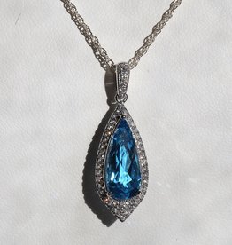 American Jewelry 14k White Gold 1/4ctw Round Brilliant Diamond & Blue Topaz Pear Halo Necklace