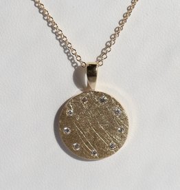 14k Yellow Gold .11ctw Round Brilliant Diamond Brushed Finish Disc Pendant Charm