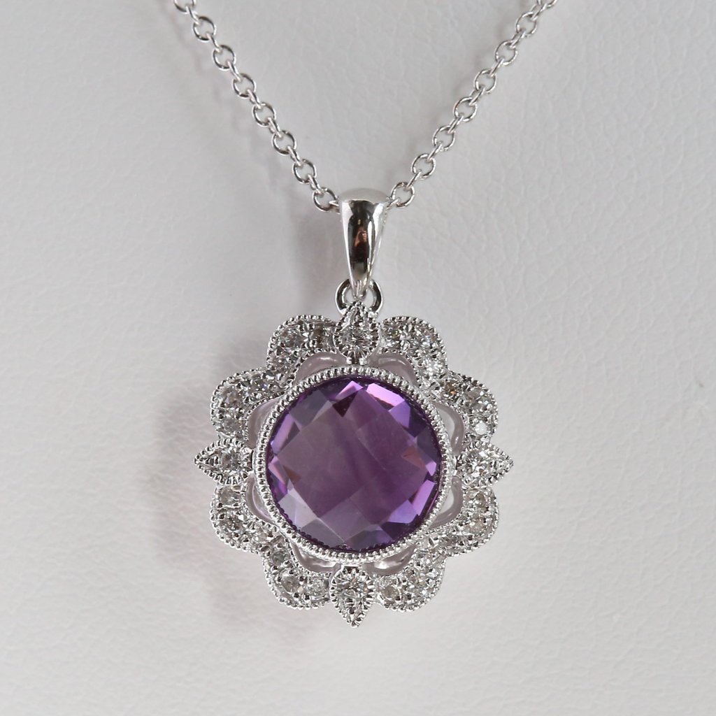 American Jewelry 14k White Gold 1/5ctw Round Brilliant Diamond Amethyst Milgrain Halo Necklace