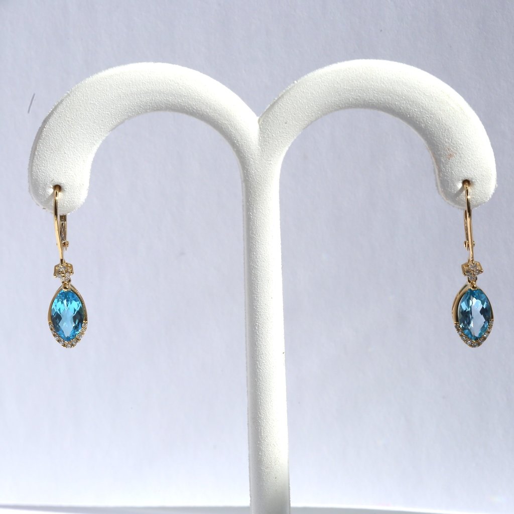 American Jewelry 14k Yellow Gold .14ctw Rd Dia Marquise Blue Topaz Dangle Earrings