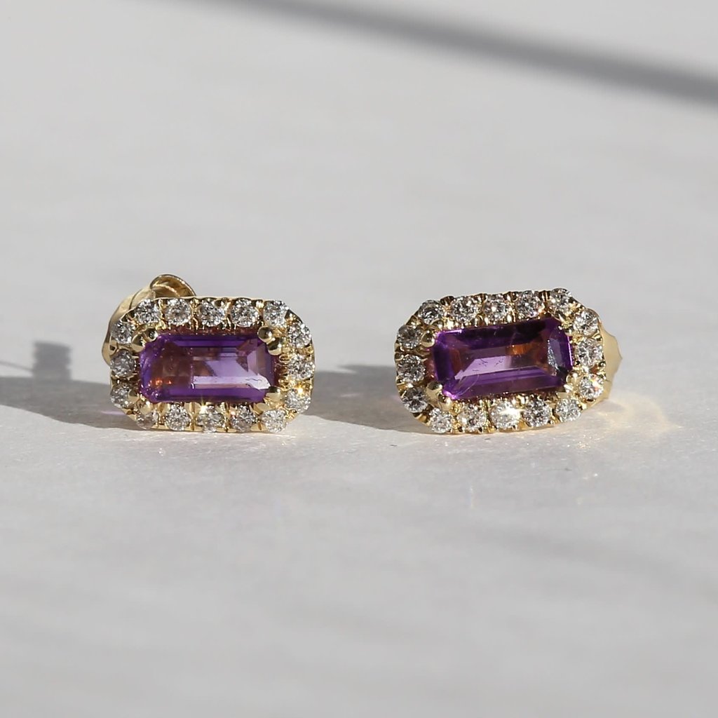 American Jewelry 10k Yellow Gold .11ct Diamond Halo .50ct Amethyst Earrings