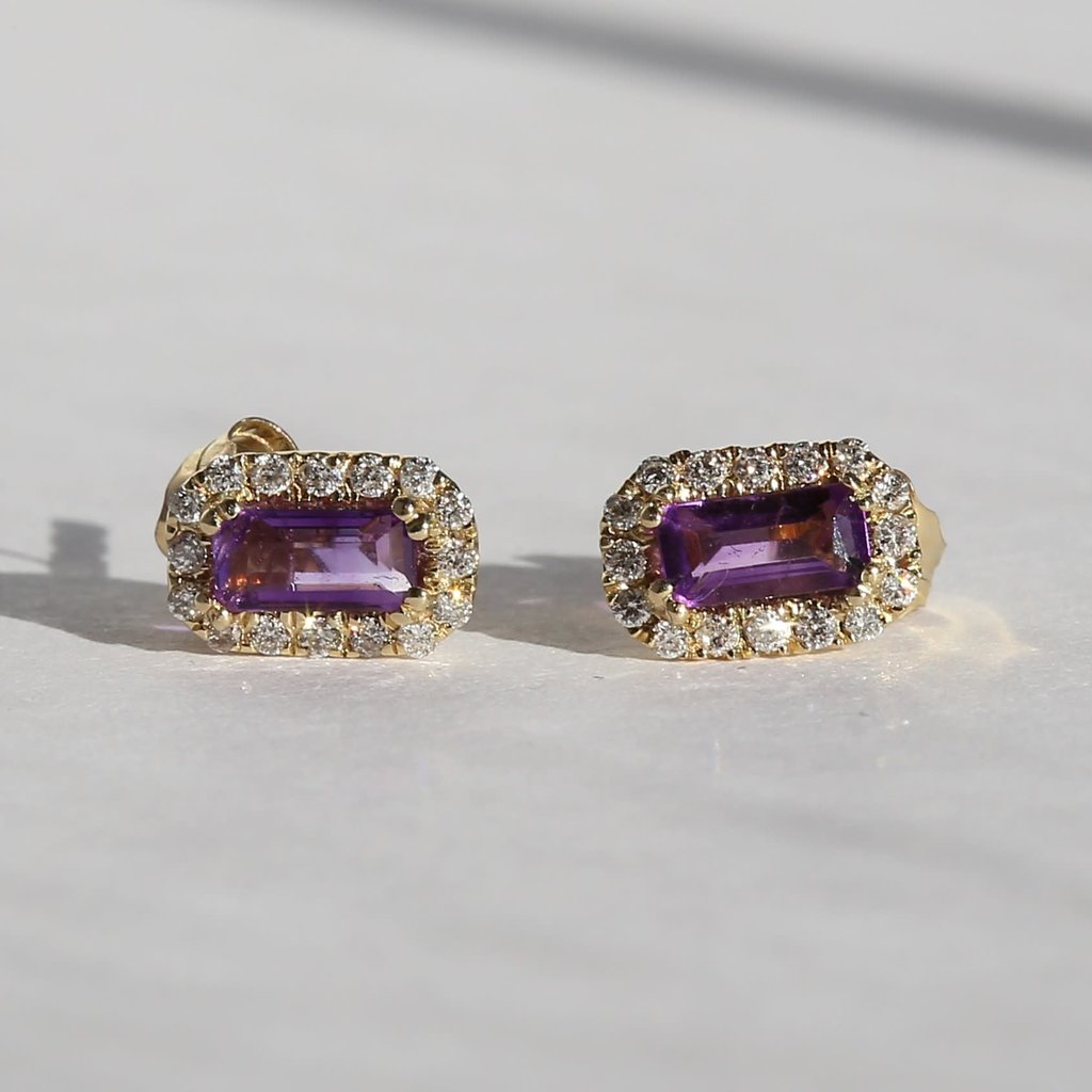 American Jewelry 14k Yellow Gold .11ct Diamond Halo .50ct Amethyst Earrings