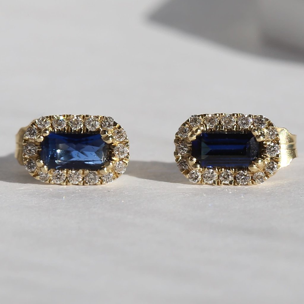 American Jewelry 14k Yellow Gold .11ctw Diamond .50ctw Lab Grown Sapphire Halo Earrings