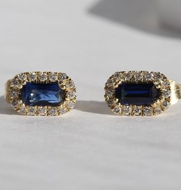 American Jewelry 14k Yellow Gold .11ctw Diamond .50ctw Lab Grown Sapphire Halo Earrings