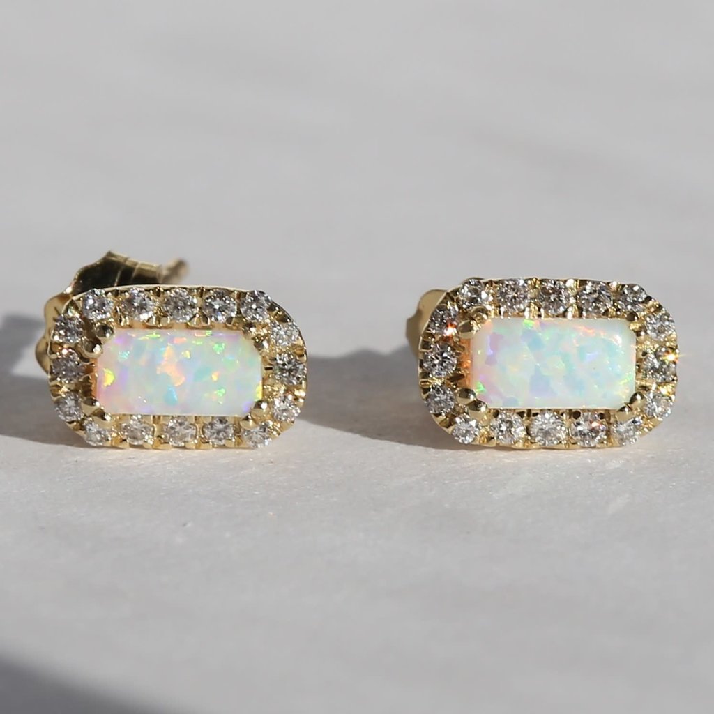 American Jewelry 14k Yellow Gold .11ctw Diamond .50ctw Lab Grown Opal Halo Earrings