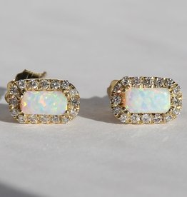 American Jewelry 14k Yellow Gold .11ctw Diamond .50ctw Lab Grown Opal Halo Earrings