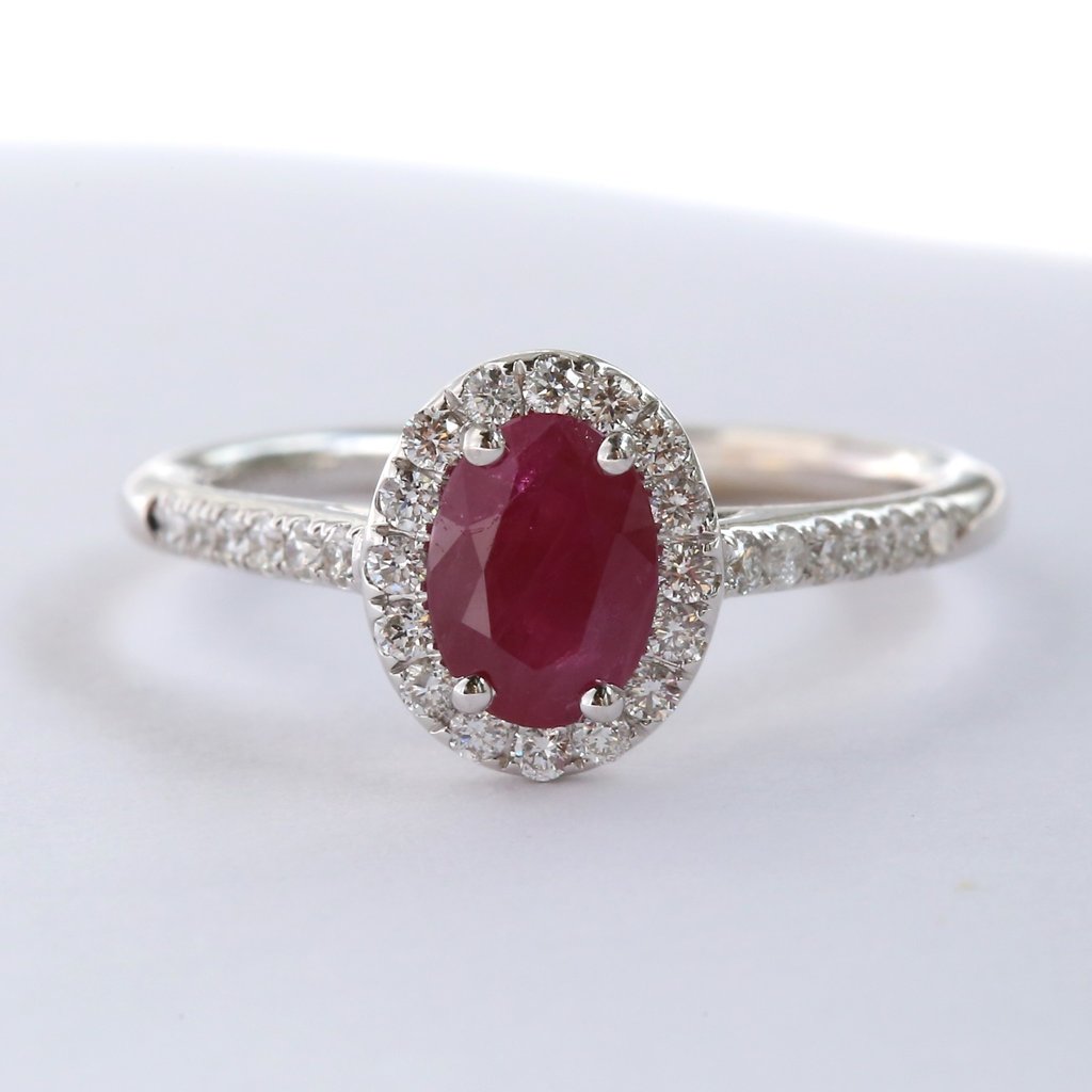 American Jewelry 14kw 5x7 Ruby .28ctw Dia Halo Ring Size 6.25