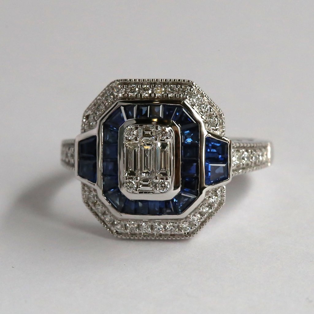 American Jewelry 14k White Gold 1.06ctw Sapphire & .44ctw Baguette and Round Ring (Size 6.5)