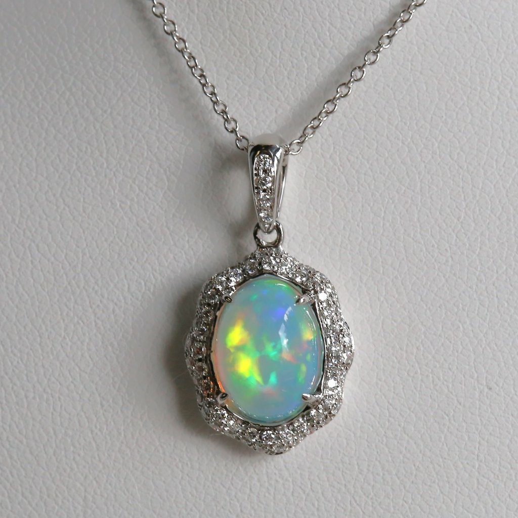 American Jewelry 14k White Gold 2.3ctw Cabachon Cut European Opal & .30ct Diamond Pave Halo Necklace