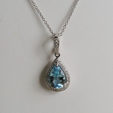 American Jewelry 14k White Gold 1.53ct Aquamarine .20ct Diamond Halo Pear Necklace