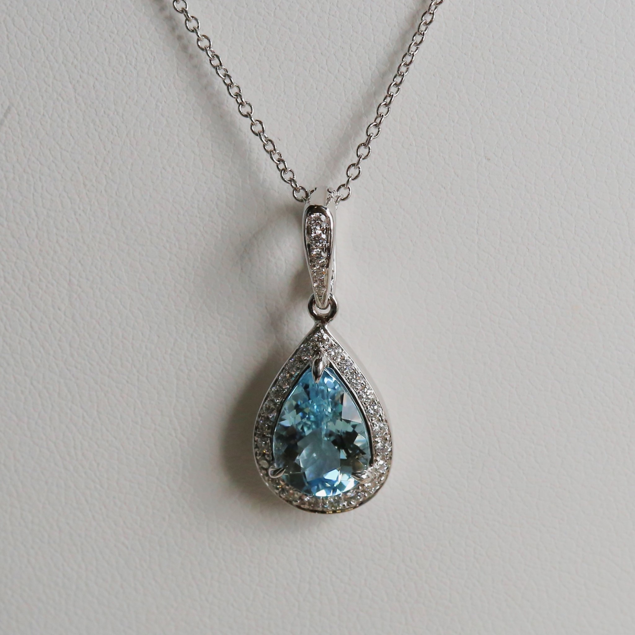 14kw 1.53ct Aqua & .20ct Dia Pear Halo Necklace - American Jewelry