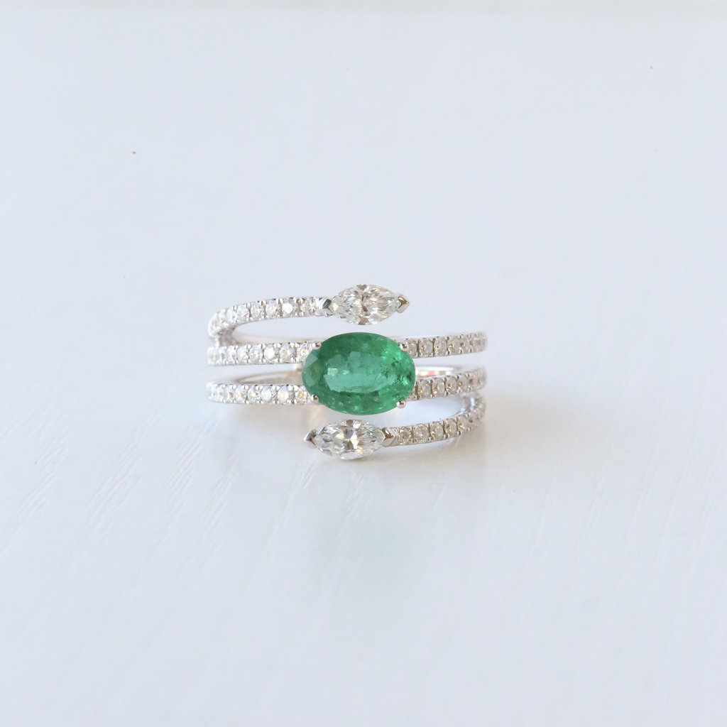 18k White Gold 0.87ctw Diamond Marquise 1.11ct Oval Emerald Wrap Ring (Size 6.5)