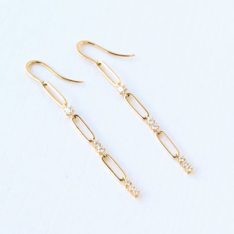 18k Yellow Gold 0.40ct Diamond Paper Clip Link Dangle Earrings