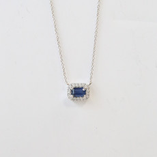 14k White Gold 0.09ctw Diamond Halo 0.30ct Blue Sapphire Necklace (16-"18")