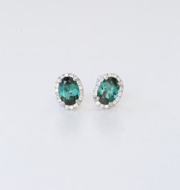 14k White Gold .18ct Diamond Halo with 1.49ct Green Tourmaline Oval Stud Earrings