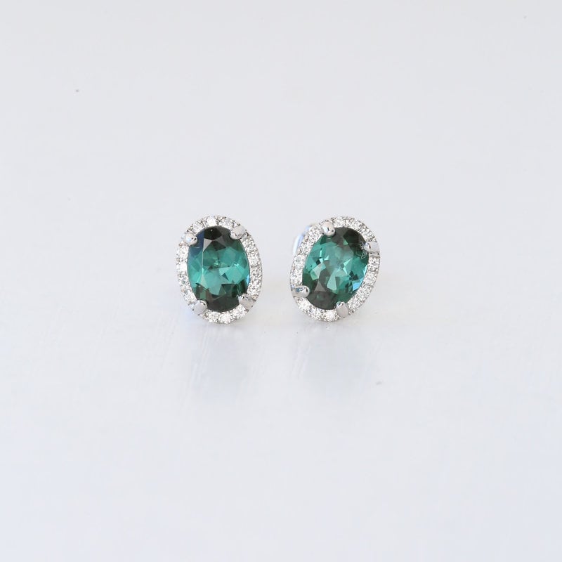 14k White Gold .18ct Diamond Halo with 1.49ct Green Tourmaline Oval Stud Earrings