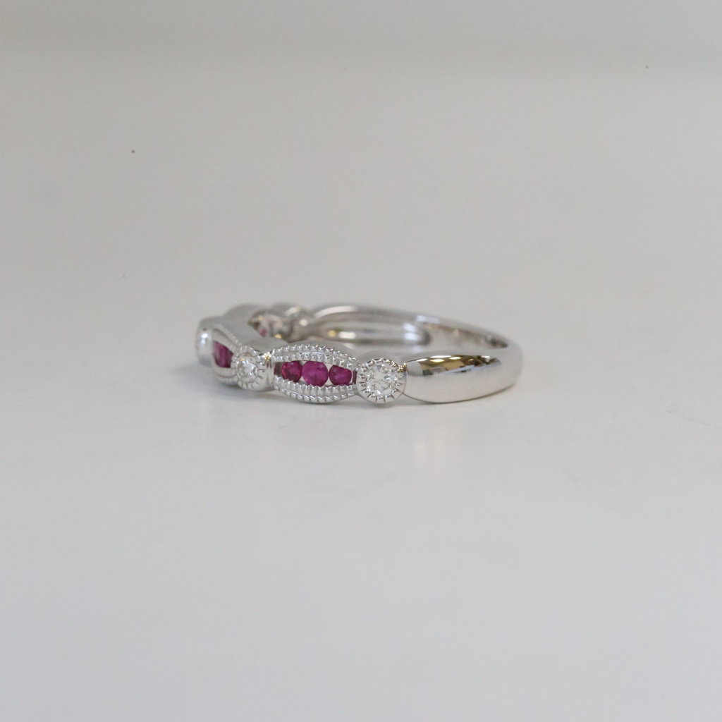 14K White Gold .14ctw Diamond and .22ctw Ruby Milgrain Stackable Band