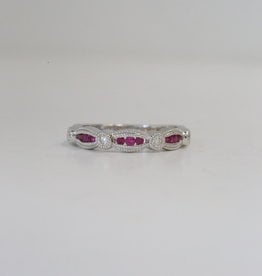 14K White Gold .14ctw Diamond and .22ctw Ruby Milgrain Stackable Band