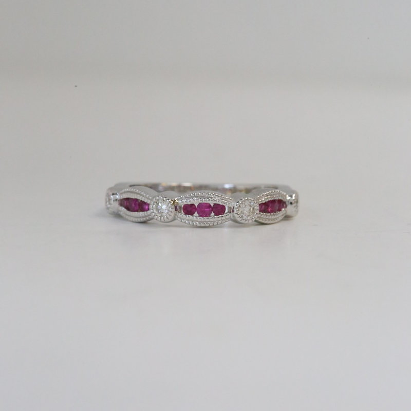 14K White Gold .14ctw Diamond and .22ctw Ruby Milgrain Stackable Band