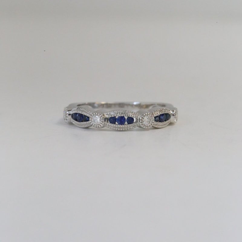 14k White Gold .14ctw Diamond and .24ctw Sapphire Milgrain Stackable Band