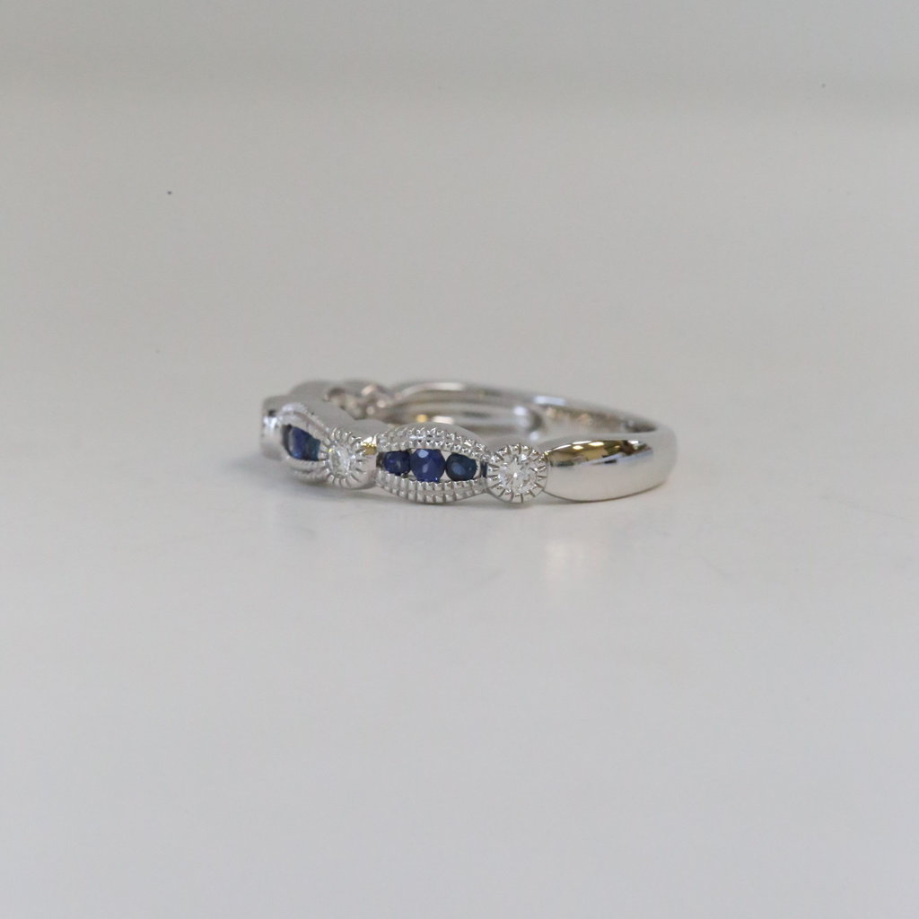 14k White Gold .14ctw Diamond and .24ctw Sapphire Milgrain Stackable Band