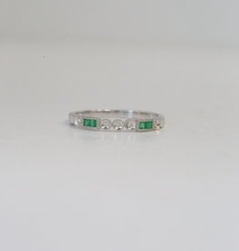 14K White Gold .018ctw Brilliant Round Diamond and .09 Princess Cut Emerald Stackable Band