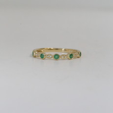 14K Yellow Gold .02ctw Round Brilliant Diamond and .14ctw Round Emerald Stackable Band